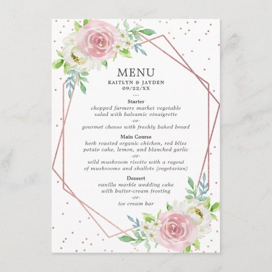 Chic Geometric Roos Gold Foil Floral Wedding Menu (Voorkant)