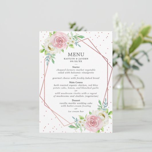 Chic Geometric Roos Gold Foil Floral Wedding Menu (Staand voorkant)