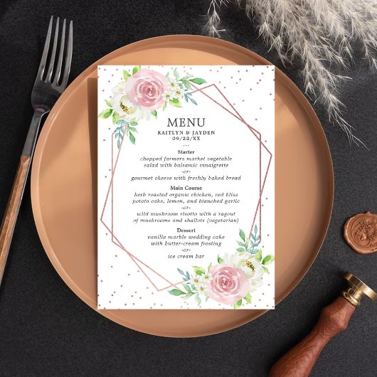 Chic Geometric Roos Gold Foil Floral Wedding Menu