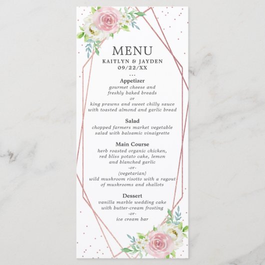 Chic Geometric Roos Gold Foil Floral Wedding Menu (Voorkant)