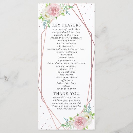 Chic Geometric Roos Gold Foil Floral Wedding Programmakaart (Achterkant)