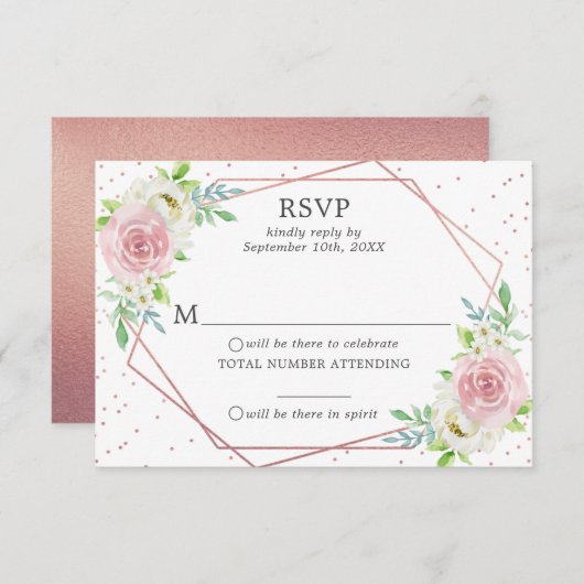 Chic Geometric Roos Gold Foil Floral Wedding RSVP Kaart (Voorkant / Achterkant)