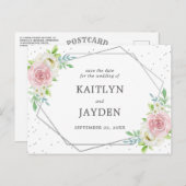 Chic Geometric Silver Foil Floral Save the Date Aankondigingskaart (Voorkant / Achterkant)