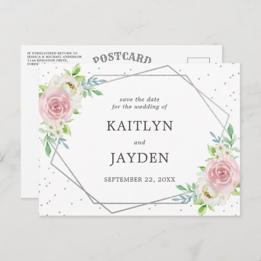 Chic Geometric Silver Foil Floral Save the Date Aankondigingskaart (Voorkant / Achterkant)