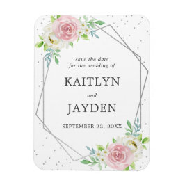 Chic Geometric Silver Foil Floral Save the Date Magneet