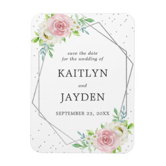 Chic Geometric Silver Foil Floral Save the Date Magneet