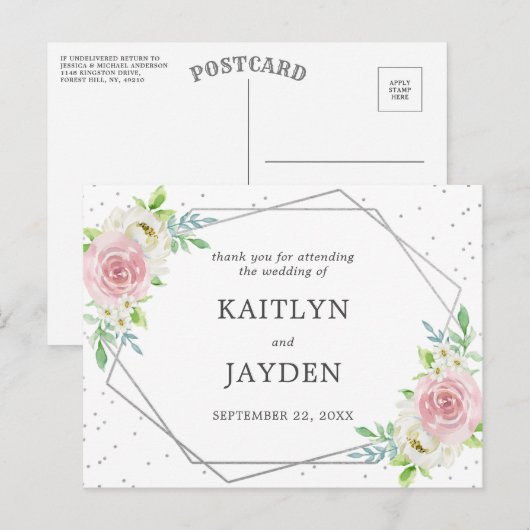 Chic Geometric Silver Foil Floral Wedding Briefkaart (Voorkant / Achterkant)