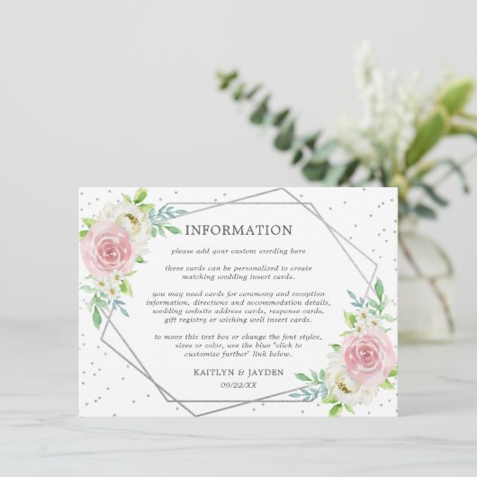 Chic Geometric Silver Foil Floral Wedding Detail Kaart (Staand voorkant)