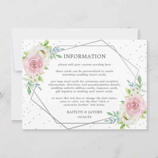 Chic Geometric Silver Foil Floral Wedding Detail Kaart (Voorkant)