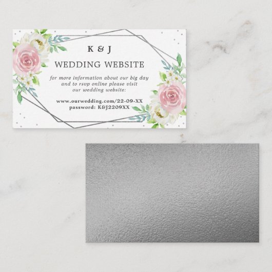 Chic Geometric Silver Foil Floral Wedding Informatiekaartje (Voorkant / Achterkant)