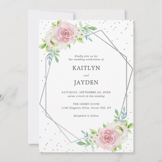 Chic Geometric Silver Foil Floral Wedding Kaart (Voorkant)