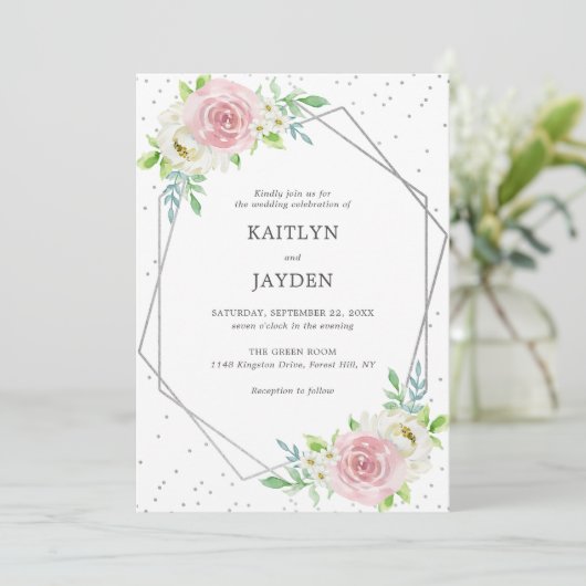 Chic Geometric Silver Foil Floral Wedding Kaart (Staand voorkant)