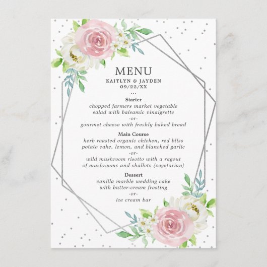 Chic Geometric Silver Foil Floral Wedding Menu (Voorkant)