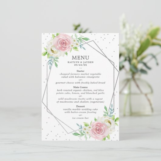 Chic Geometric Silver Foil Floral Wedding Menu (Staand voorkant)