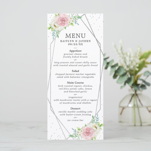 Chic Geometric Silver Foil Floral Wedding Menu (Staand voorkant)