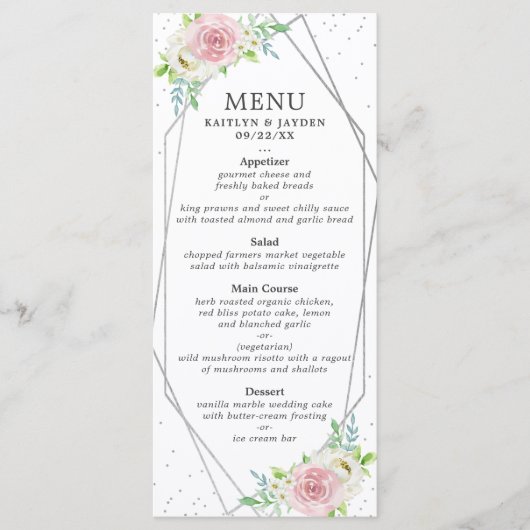 Chic Geometric Silver Foil Floral Wedding Menu (Voorkant)