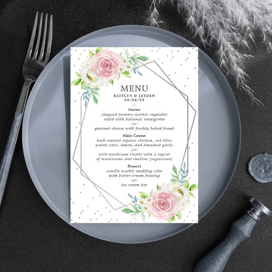 Chic Geometric Silver Foil Floral Wedding Menu