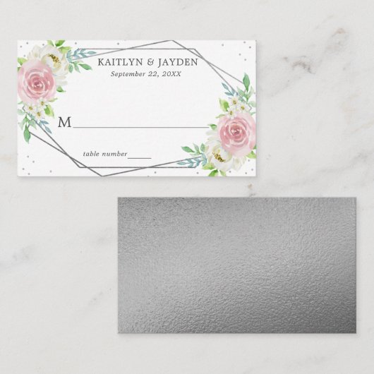 Chic Geometric Silver Foil Floral Wedding Plaatskaartje (Voorkant / Achterkant)