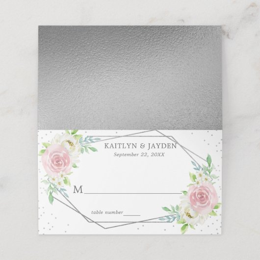 Chic Geometric Silver Foil Floral Wedding Plaatskaartje (Buitenkant ongevouwen)