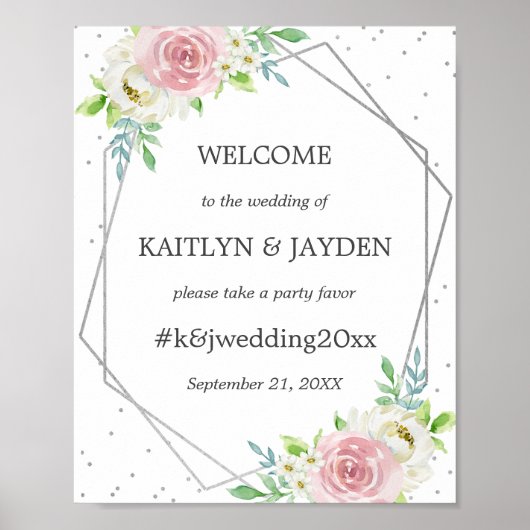 Chic Geometric Silver Foil Floral Wedding Poster (Voorkant)