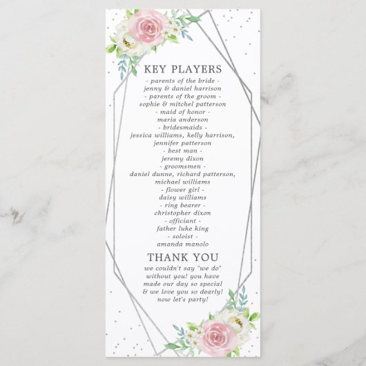 Chic Geometric Silver Foil Floral Wedding Programmakaart (Achterkant)