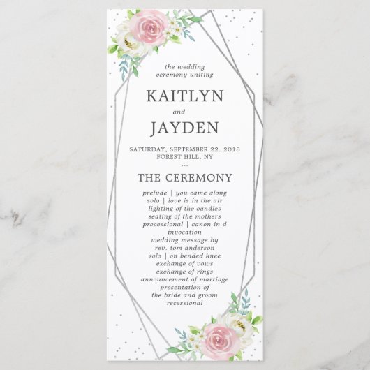 Chic Geometric Silver Foil Floral Wedding Programmakaart (Voorkant)