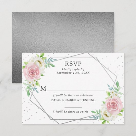 Chic Geometric Silver Foil Floral Wedding RSVP Kaart (Voorkant / Achterkant)