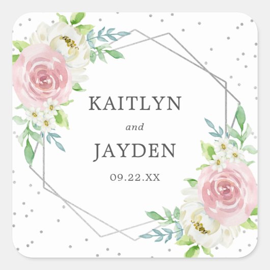Chic Geometric Silver Foil Floral Wedding Vierkante Sticker (Voorkant)