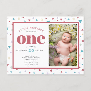 Chic Geometric Triangle en Swirls First Birthday Aankondigingskaart