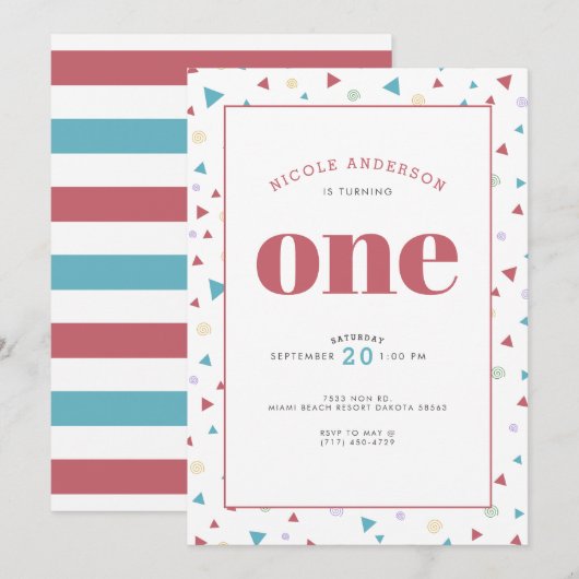 Chic Geometric Triangle en Swirls First Birthday Kaart (Voorkant / Achterkant)