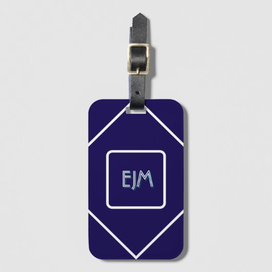 Chic geometrisch blauw en wit monogram bagagelabel (Voorkant (verticaal))