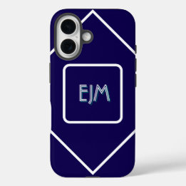 Chic geometrisch blauw en wit monogram iPhone 16 hoesje