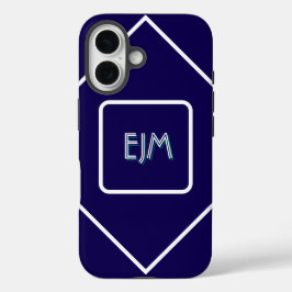 Chic geometrisch blauw en wit monogram iPhone 16 hoesje
