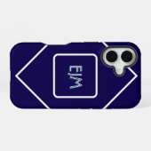 Chic geometrisch blauw en wit monogram iPhone 16 hoesje (Achterkant horizontaal)
