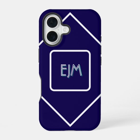 Chic geometrisch blauw en wit monogram iPhone 16 hoesje (Achterkant)