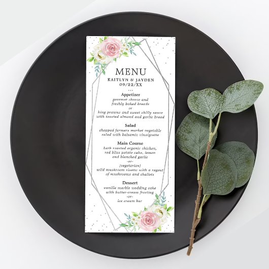 Chic Geometrische Zilverfolie Bloemen Trouwmenu Reclamekaart