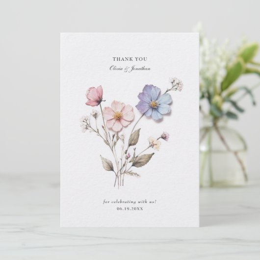 Chic geperste bloemen bruiloft dank je kaart (Staand voorkant)