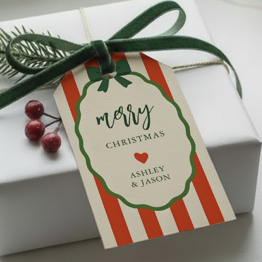 Chic gestreepte rode en groene retro vrolijk kerst cadeaulabel