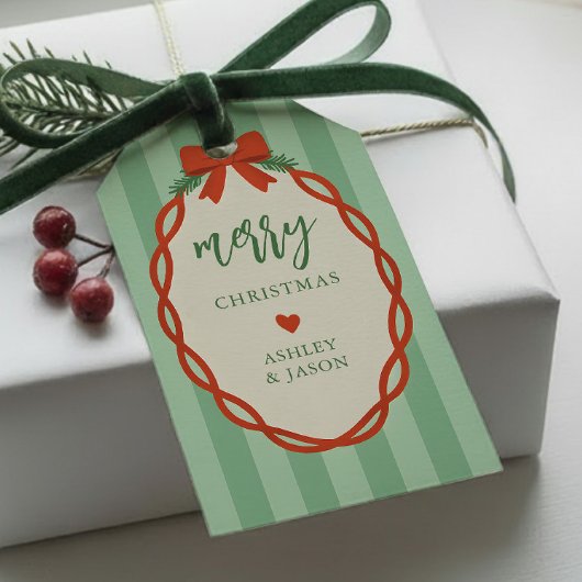 Chic Gestreepte Rood & Groen Retro Prettig Kerstfe Cadeaulabel