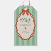 Chic Gestreepte Rood & Groen Retro Prettig Kerstfe Cadeaulabel (Voorkant)