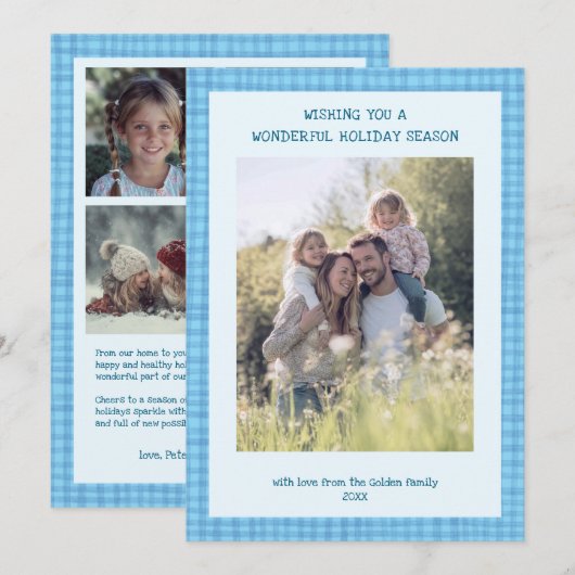 Chic Gingham Christmas Blue Custom 5 Foto Feestdagenkaart (Voorkant / Achterkant)