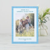 Chic Gingham Christmas Blue Custom 5 Foto Feestdagenkaart (Staand voorkant)