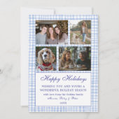 Chic Gingham Christmas Custom 9 Photo Collage Blau Feestdagenkaart (Voorkant)