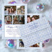 Chic Gingham Christmas Custom 9 Photo Collage Blau Feestdagenkaart