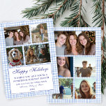 Chic Gingham Christmas Custom 9 Photo Collage Blau Feestdagenkaart<br><div class="desc">Perfecte schattige kaart voor een leuke vakantie groet! Met de hand gemaakte kunst voor jou! VOLLEDIG ! Klik hierboven op "Personaliseren" om de tekst aan de voorkant te bewerken en uw eigen foto's aan de voor- en achterkant toe te voegen. Klik op "Bewerken met ontwerpgereedschap" om de lettertypen, kleuren en...</div>