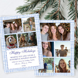 Chic Gingham Christmas Custom 9 Photo Collage Blau Feestdagenkaart