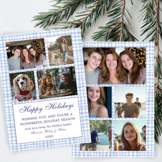 Chic Gingham Christmas Custom 9 Photo Collage Blau Feestdagenkaart