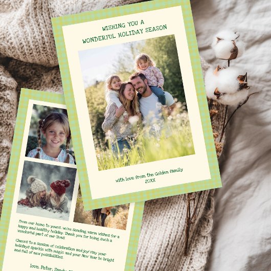 Chic Gingham Christmas YellowGreen Custom 5 Foto Feestdagenkaart