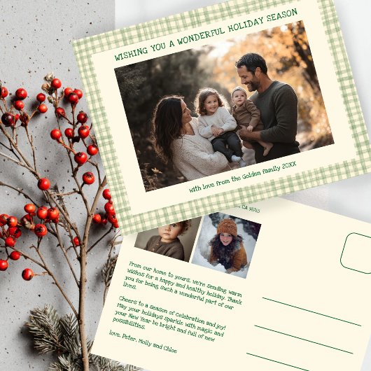 Chic Gingham Green Christmas Custom 3 Foto Feestdagenkaart