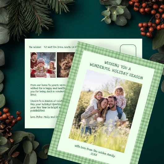 Chic Gingham Green Christmas Custom 3 Foto Feestdagenkaart